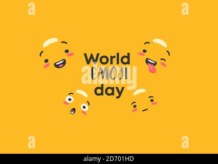 Journée mondiale emoji. Émoticônes contours de caractère sur fond jaune messager joyeux et triste visage expression. Illustration de Vecteur