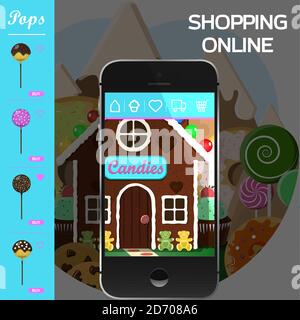 application en ligne pour une pâtisserie et une pâtisserie. Maison de pain d'épice comme un magasin de bonbons, gâteaux, gâteaux et beignets avec livraison rapide à la maison. Commande via un smartphone, une tablette, ou un site Web. Illustration vectorielle pour la publicité Illustration de Vecteur