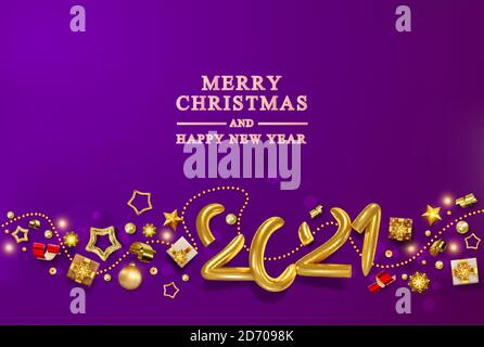 Violet Noël Banner.Vector vacances fond avec par chiffres volumétriques 2021, boîte de cadeaux réaliste, flocon de neige et paillettes confetti or, étoiles. Illustration de Vecteur