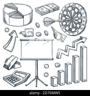 Icônes d'investissement et de finance isolées sur fond blanc. Illustrations d'esquisse vectorielles dessinées à la main. Infographie sur le commerce et le marketing Illustration de Vecteur