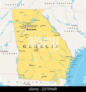 Géorgie, GA, carte politique, avec la capitale Atlanta et les plus grandes villes. Dans la région sud-est des États-Unis d'Amérique. Pêche. Banque D'Images