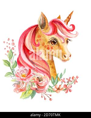 Portrait de licorne rose aquarelle avec de belles fleurs Banque D'Images