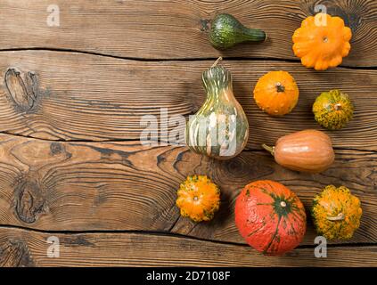Variété de citrouilles sur fond de bois. Concept de récolte plat avec espace de copie. Banque D'Images