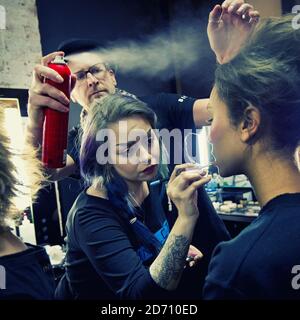 Les modèles présentent de nouveaux modèles au salon de la mode Jerome, qui s'est tenu au Chelsea Market à New York, dans le cadre de la Mercedes Benz New York Fashion week F/W 2014. NOTE AUX ÉDITEURS - CETTE IMAGE A ÉTÉ TRAITÉE AVEC DES FILTRES NUMÉRIQUES Banque D'Images