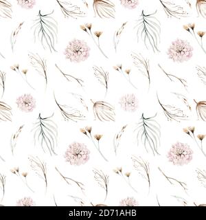 Boho motif sans couture aquarelle éléments de la collection de fleurs d'or de savane jardin rouge, fleur bordeaux, feuilles, branches, illustration botanique Banque D'Images