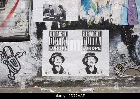 Une fausse affiche électorale sur un mur à Shoreditch, dans l'est de Londres. Date de la photo: Mardi 9 mai 2017. Le crédit photo devrait se lire: Matt Crossick/ EMPICS Entertainment. Banque D'Images