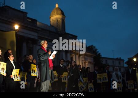 Kofi Annan prononce un discours à Trafalgar Square, Londres, avant une marche symbolique avec les anciens, un groupe de dirigeants mondiaux fondé par Nelson Mandela, qui a terminé devant la statue de Mandela sur la place du Parlement. Date de la photo: Lundi 23 octobre 2017. Le crédit photo devrait se lire: Matt Crossick/ EMPICS Entertainment. Banque D'Images