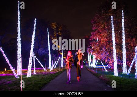 Les visiteurs des jardins de Kew dans l'ouest de Londres, lors du lancement de Noël à Kew - une promenade après la tombée de la nuit avec des installations de lumière et de son. Date de la photo: Mardi 21 novembre 2017. Le crédit photo devrait se lire: Matt Crossick/ EMPICS Entertainment. Banque D'Images