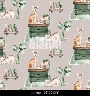 Aquarelle sans couture motif avec de jolis chats à dessin animé dans un intérieur scandinave pour les enfants. Maison confortable avec chats. Papier de raclage et papier peint pour enfants Banque D'Images