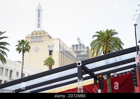 Le tapis rouge est préparé avant les 90e Academy Awards, devant le Dolby Theatre à Hollywood, Los Angeles, USA. Date de la photo: Samedi 3 mars 2018, 2017. Le crédit photo devrait se lire: Matt Crossick/ EMPICS Entertainment. Banque D'Images