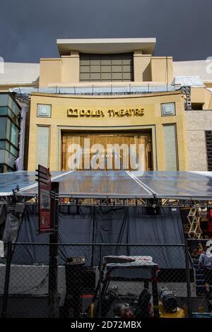 Le tapis rouge est préparé avant les 90e Academy Awards, devant le Dolby Theatre à Hollywood, Los Angeles, USA. Date de la photo: Samedi 3 mars 2018, 2017. Le crédit photo devrait se lire: Matt Crossick/ EMPICS Entertainment. Banque D'Images