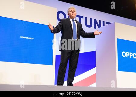Brandon Lewis, président du parti, lors de la conférence annuelle du Parti conservateur au Centre international des congrès de Birmingham. Date de la photo: Dimanche 30 septembre 2018. Le crédit photo devrait se lire: Matt Crossick/ EMPICS. Banque D'Images
