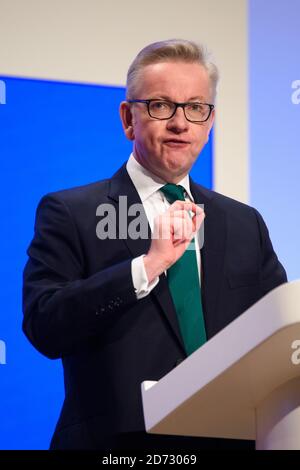 Michael Gove, secrétaire d'État à l'Environnement, à l'alimentation et aux Affaires rurales, prend la parole lors de la conférence annuelle du Parti conservateur, au Centre international des congrès de Birmingham. Date de la photo : lundi 1er octobre 2018. Le crédit photo devrait se lire: Matt Crossick/ EMPICS. Banque D'Images