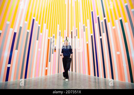 Artiste Sarah Morris photographiée avec son œuvre 'Ataraxia', lors d'une nouvelle exposition de son œuvre à la galerie White Cube de Bermondsey, Londres. L'exposition se déroulera du 17 avril au 30 juin 2019. Date de la photo: Mardi 16 avril 2019. Le crédit photo devrait se lire: Matt Crossick/Empics Banque D'Images