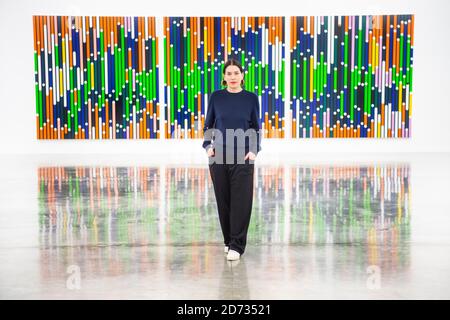 Artiste Sarah Morris photographiée avec son œuvre 'War of Roses (Sound Graph)', lors d'une nouvelle exposition de son œuvre à la galerie White Cube de Bermondsey, Londres. L'exposition se déroulera du 17 avril au 30 juin 2019. Date de la photo: Mardi 16 avril 2019. Le crédit photo devrait se lire: Matt Crossick/Empics Banque D'Images