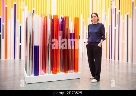 L'artiste Sarah Morris a photographié avec son œuvre « ce qui peut être expliqué peut être prédit », lors d'une nouvelle exposition de son œuvre à la galerie White Cube de Bermondsey, Londres. L'exposition se déroulera du 17 avril au 30 juin 2019. Date de la photo: Mardi 16 avril 2019. Le crédit photo devrait se lire: Matt Crossick/Empics Banque D'Images