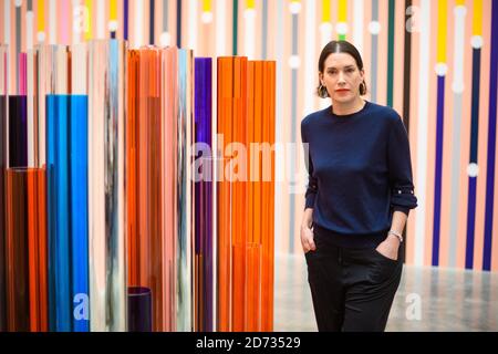 L'artiste Sarah Morris a photographié avec son œuvre « ce qui peut être expliqué peut être prédit », lors d'une nouvelle exposition de son œuvre à la galerie White Cube de Bermondsey, Londres. L'exposition se déroulera du 17 avril au 30 juin 2019. Date de la photo: Mardi 16 avril 2019. Le crédit photo devrait se lire: Matt Crossick/Empics Banque D'Images