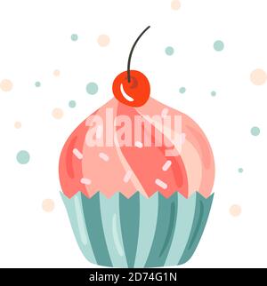 Joyeux anniversaire gâteau rose vectoriel en lettres calligraphiques. Plaisir et plaisir carte postale décorée cupcake. Carte de vœux, affiche, bannière, Web Illustration de Vecteur