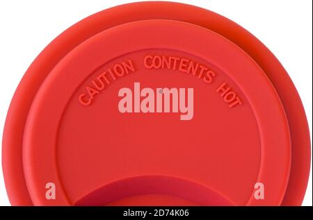Attention contenu chaud - détail sur le couvercle de céramique réutilisable gobelet à boissons Banque D'Images