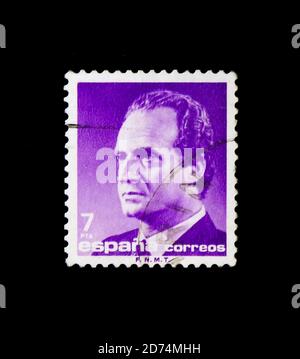 MOSCOU, RUSSIE - 24 NOVEMBRE 2017 : un timbre imprimé en Espagne montre le roi Juan Carlos I, série, vers 1985 Banque D'Images