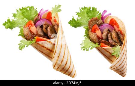 Donner du kebab ou du shawarma avec les ingrédients: Viande de boeuf, laitue, oignon, tomatos, épice. Arrière-plan blanc. Masque. Banque D'Images