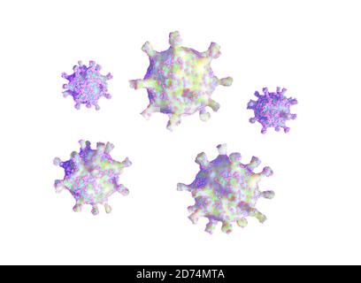 Belles cellules de coronavirus brillantes isolées sur blanc, COVID-19. illustration 3d Banque D'Images