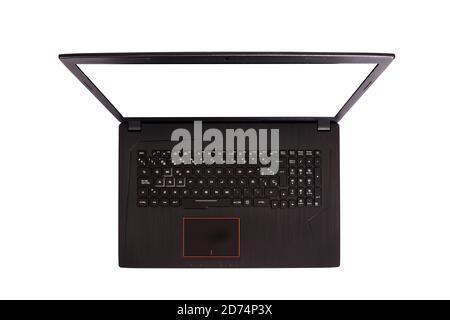 Ordinateur portable noir avec écran à 90 degrés isolé sur fond blanc. Ordinateur portable avec écran vide. Espace de copie vierge sur un ordinateur mobile moderne. Banque D'Images