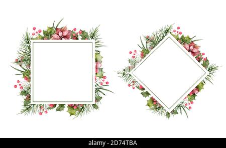 Ensemble cadre décoratif de Noël. Cadre de Noël aquarelle dessiné à la main avec fleurs et fleurs d'hiver, baies, feuilles isolées sur fond blanc Banque D'Images