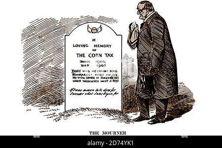 Une vieille caricature politique britannique montrant un homme politique (censé être Sir Edward Gray ) qui a payé son respect à la mort de la taxe sur le maïs (1902-1903), une décision du Parlement britannique en faveur du libre-échange. En 1902, le gouvernement conservateur avait introduit un droit sur le maïs comme mesure de revenu pour aider à faire face au coût de la guerre des Boers, mais il était si impopulaire qu'il a été abrogé un an plus tard. Banque D'Images