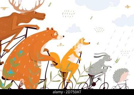 Balade à vélo avec illustration des animaux sauvages. Ours de forêt, renard, loup, lapin et hérisson, vélo de ville, illuration de dessin animé. Illustration de Vecteur