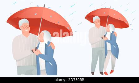 Concept de protection familiale senior. Couple âgé tenant un parapluie, se cachant de la pluie. Illustration de Vecteur