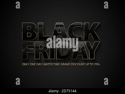 Bannière vectorielle du Vendredi fou. Texte noir brillant avec cadre doré fin sur fond gris foncé. Effet fenêtre et verre cadeau sur les lettres Illustration de Vecteur