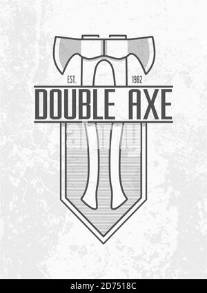 Logo Double AX monochrome sur fond de mur gris. Deux axes avec une poignée en bois sur le motif d'emblème de bouclier doublé. Insigne d'outil de menuiserie. Illustration de Vecteur