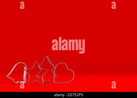 Repas de Noël. Biscuits maison de pain d'épice avec des ingrédients pour la cuisson de noël et des ustensiles de cuisine sur table rouge. Illustration 3D Banque D'Images