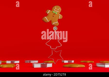 Repas de Noël. Biscuits maison de pain d'épice avec des ingrédients pour la cuisson de noël et des ustensiles de cuisine sur table rouge. Illustration 3D Banque D'Images