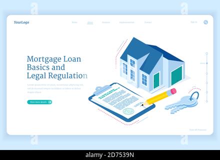 Règlement de prêt hypothécaire page d'accueil isométrique. Maison de campagne avec clé et document de contrat pour la signature. Dette hypothec ajustement de base et juridique, crédit bancaire personnel pour acheter à la maison, bannière web 3d Illustration de Vecteur