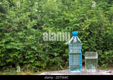 Bouteille d'eau et verre rempli d'eau sur la surface de la souche contre le feuillage vert. Concept: Aqua donnant la vie et la soif qui s'étouffent dans le sein de la nature Banque D'Images