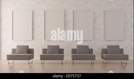 Maquette d'affiche avec cadre vertical sur le sol dans la salle de séjour intérieur de la chambre avec canapé gris.rendu 3d Banque D'Images