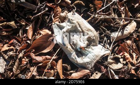 Pollution de l'environnement par les images. Le matériau de protection Covid 19 est en train de devenir un eyesore pour l'environnement, car de plus en plus de gens déversent des masques et des gants usagés partout. Harare, Zimbabwe. Banque D'Images