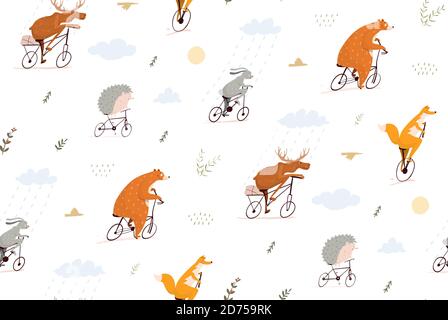 Animaux drôles à vélo motif sans couture, ours, renard, lapin, hérisson et orignal en profitant d'une promenade. Des personnages clipart qui font du vélo pour les enfants. Illustration de Vecteur