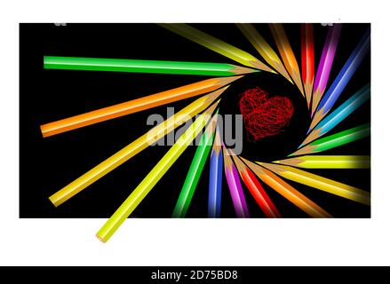 Les crayons de couleur sont disposés en spirale pour encadrer un cœur. Banque D'Images