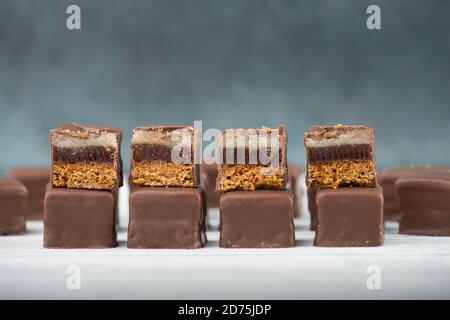 Domino Stones, un doux de noël traditionnel allemand avec pain d'épice, massepain et gelée recouvert de chocolat brun, Dominostine, espace de copie vide Banque D'Images