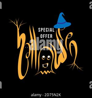 Modèle de bannière d'offre spéciale Halloween avec lettrage dessiné à la main pour les achats de vacances. Durée limitée. Illustration vectorielle. Joyeux halloween. Illustration de Vecteur
