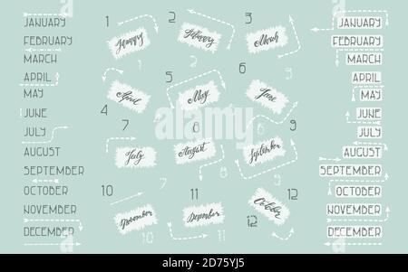 Jeu de lettres dessinées à la main et collection de polices de caractères standard de mois en anglais, chiffres avec flèches pointillées blanches sur fond bleu clair d'hiver Illustration de Vecteur