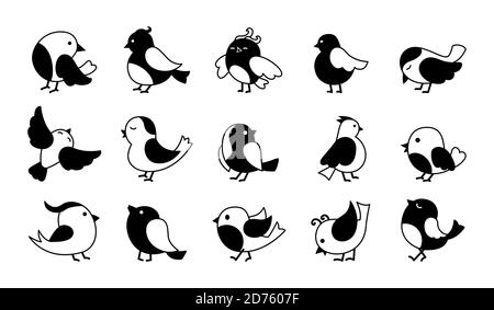 Oiseau dans différents pose noir glyphe ensemble de dessin animé. Mignons petits oiseaux volants. Icône abstraite plate dessinée à la main. Logo tendance moderne. Illustration vectorielle Illustration de Vecteur