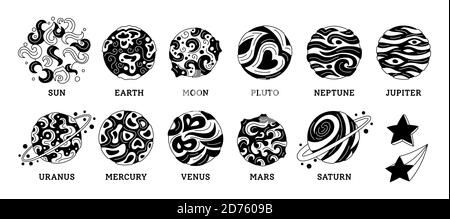 Kit de glyphes noir planète système solaire. Observatoire astronomique de Doodle. Soleil lune mercure vénus Terre mars jupiter saturne planètes uranus neptun. Espace de galaxie d'astronomie. Illustration vectorielle noir et blanc Illustration de Vecteur