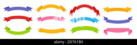 Ensemble plat de rubans de couleur. Banderole décorative en papier de dessin animé. Drapeau rétro, ruban vierge pour le texte, étiquette de prix, étiquette de vente. Ruban simple modèle vide de forme différente. Isolé sur une illustration vectorielle blanche Illustration de Vecteur