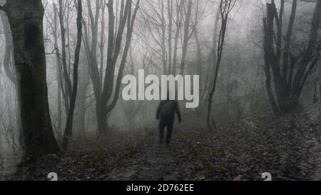 Une silhouette à capuche aux motifs fantômes et flous. Se tenir dans une forêt lors d'une journée effrayante d'hivers. Avec un montage de grunge vintage Banque D'Images