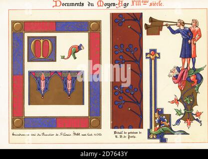 Cadre avec M initial et monstre du Psalter de Saint Louis, manuscrit Latin 10.525. Détail d'une peinture d'hérauts soufflants de cornes de notre Dame de Paris, XIIIe siècle. Encadretire du nautique de St Louis, Bibl. NAT. Lat. 10.525, détail de la peinture de ND de Paris. Chromolithographie conçue et lithographiée par Ernst Guillot de son ornement des manuscrits au Moyen-Age (ornement des manuscrits du Moyen-âge), Paris, 1897. Banque D'Images