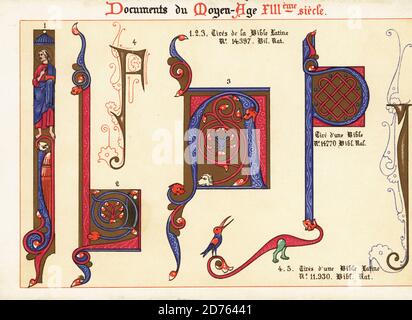 Lettres initiales décoratives avec animaux et feuillage provenant de Bibles du XIIIe siècle. 123, Tyres de la Bible Latine No. 14397 Bib. NAT,; bible no 14.770 Bib. NAT.; 4,5 Tyres d’une Bible Latine no 11.930, Bib. NAT. Chromolithographie conçue et lithographiée par Ernst Guillot de son ornement des manuscrits au Moyen-Age (ornement des manuscrits du Moyen-âge), Paris, 1897. Banque D'Images